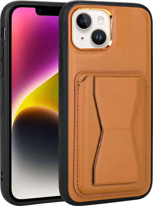 Apple iPhone 14 Plus Kılıf Kartlıklı Standlı pu Deri Mnc Memo Kapak-Kahve Açık