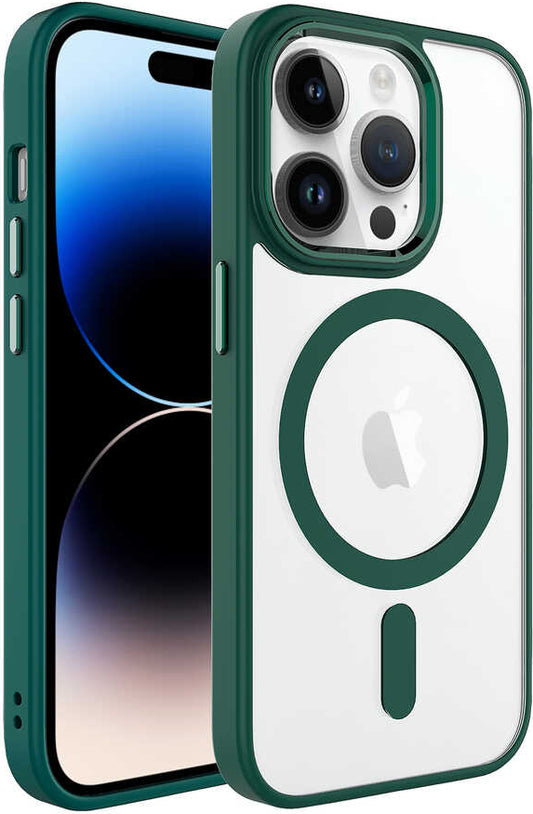 Apple iPhone 14 Pro Max Kılıf Wireless Şarj Özellikli Mnc Krom Magsafe Silikon Kapak-Koyu Yeşil