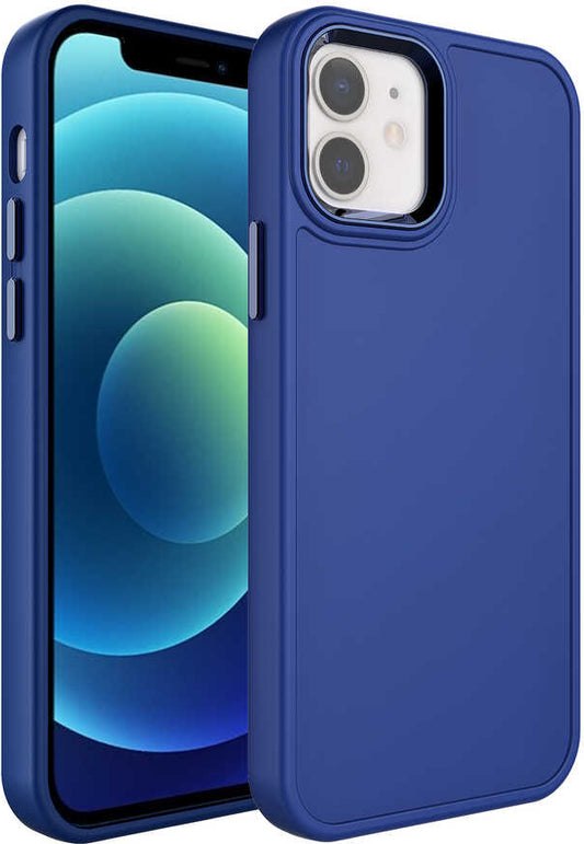Apple iPhone 12 Kılıf Metal Çerçeve ve Buton Tasarımlı Sert Mnc Botox Kapak-Lacivert