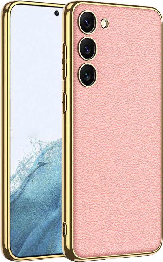 Galaxy S23 Kılıf Deri Görünümlü Kenarları Elektroplating Kaplama Mnc Fizyon Kapak-Pembe