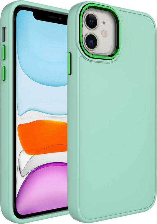 Apple iPhone 11 Kılıf Metal Çerçeve ve Buton Tasarımlı Silikon Mnc Luna Kapak-Su Yeşil
