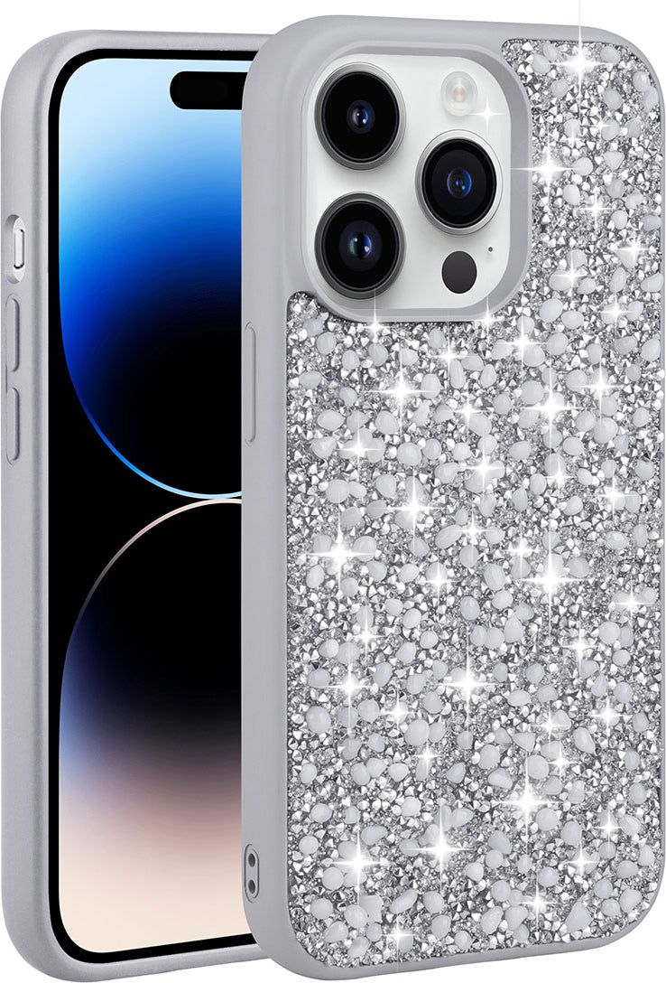 Apple iPhone 14 Pro Kılıf Parlak Taşlı Tasarım Mnc Linea Kapak-Gümüş
