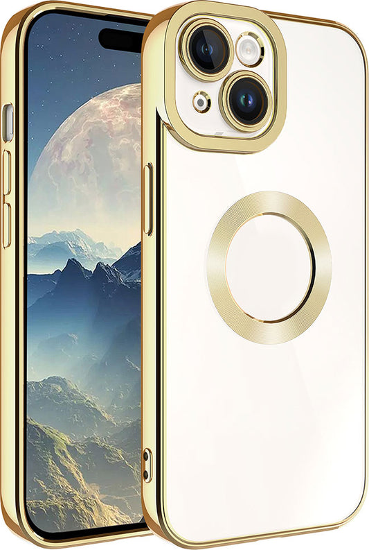 Apple iPhone 15 Kılıf Kamera Korumalı Logo Gösteren Mnc Omega Kapak-Gold
