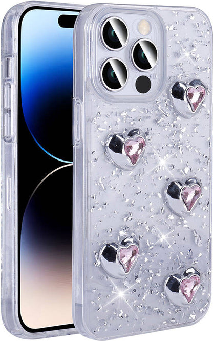 Apple iPhone 14 Pro Max Kılıf Airbagli Simli Arka Yüzey Mnc Işıltı Silikon Kapak-Beyaz-Kalp