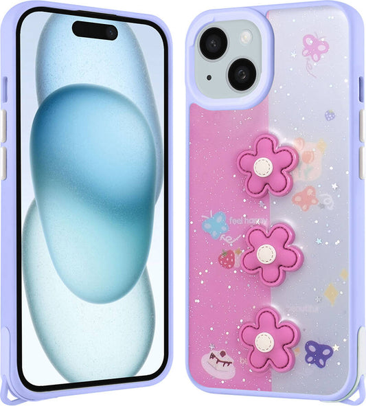 Apple iPhone 14 Plus Kılıf Parlayan Sıvılı Simli Kabartma Figürlü Mnc Cevze Kapak-Mor Papatya