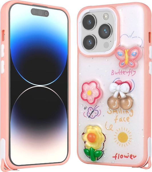 Apple iPhone 14 Pro Kılıf Parlayan Sıvılı Simli Kabartma Figürlü Mnc Cevze Kapak-Pembe