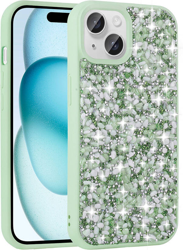 Apple iPhone 15 Plus Kılıf Parlak Taşlı Tasarım Mnc Linea Kapak-Açık Yeşil
