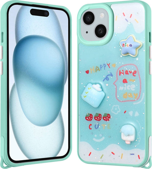 Apple iPhone 14 Plus Kılıf Parlayan Sıvılı Simli Kabartma Figürlü Mnc Cevze Kapak-Yeşil