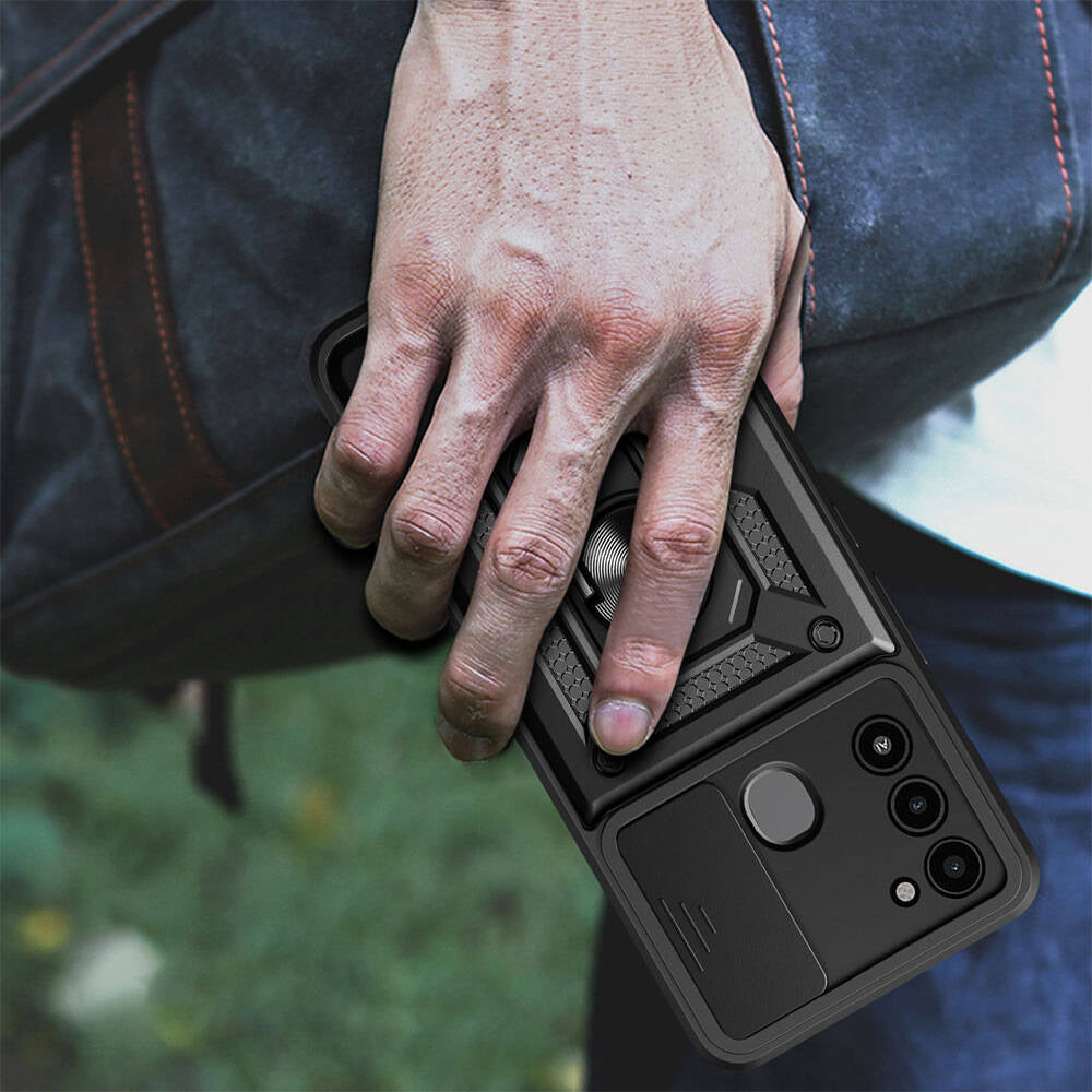 Tecno Spark 8c Kılıf Magnetik Standlı Kamera Korumalı Mnc Sürgülü Vega Kapak-Siyah