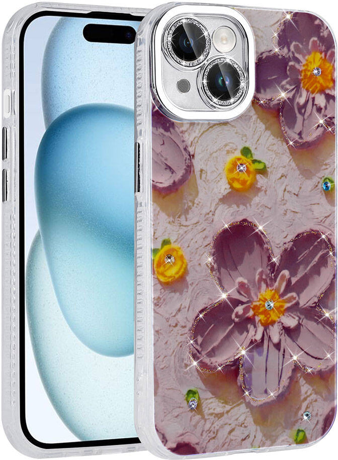 Apple iPhone 14 Kılıf Çiçek Desenli Parlak Taşlı Sert Silikon Mnc Garden Kapak-Mor