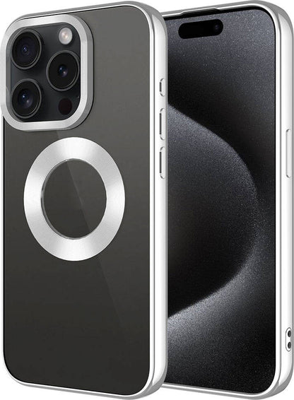 Apple iPhone 15 Pro Kılıf Tek Kamera Çerçeveli Logo Gösteren Mnc Omega Kapak-Gümüş