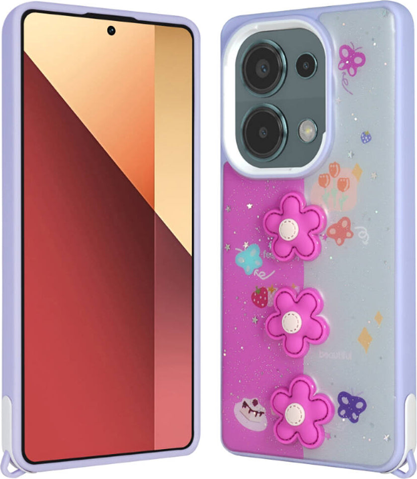 Xiaomi Redmi Note 13 Pro 4g Kılıf Parlayan Simli Kabartma Figürlü Mnc Cevze Kapak-Mor Papatya
