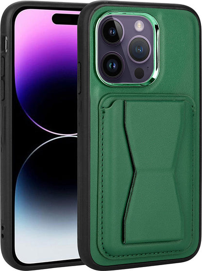 iPhone 14 Pro Uyumlu Kartlıklı Standlı pu Deri Mnc Memo Kapak-Koyu Yeşil