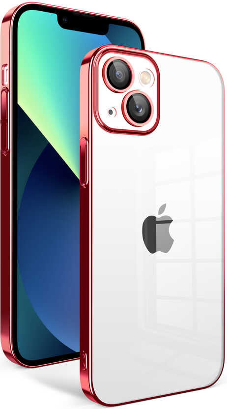 iPhone 13 Uyumlu Kamera Korumalı Renkli Çerçeveli Mnc Garaj Kapak-Kırmızı