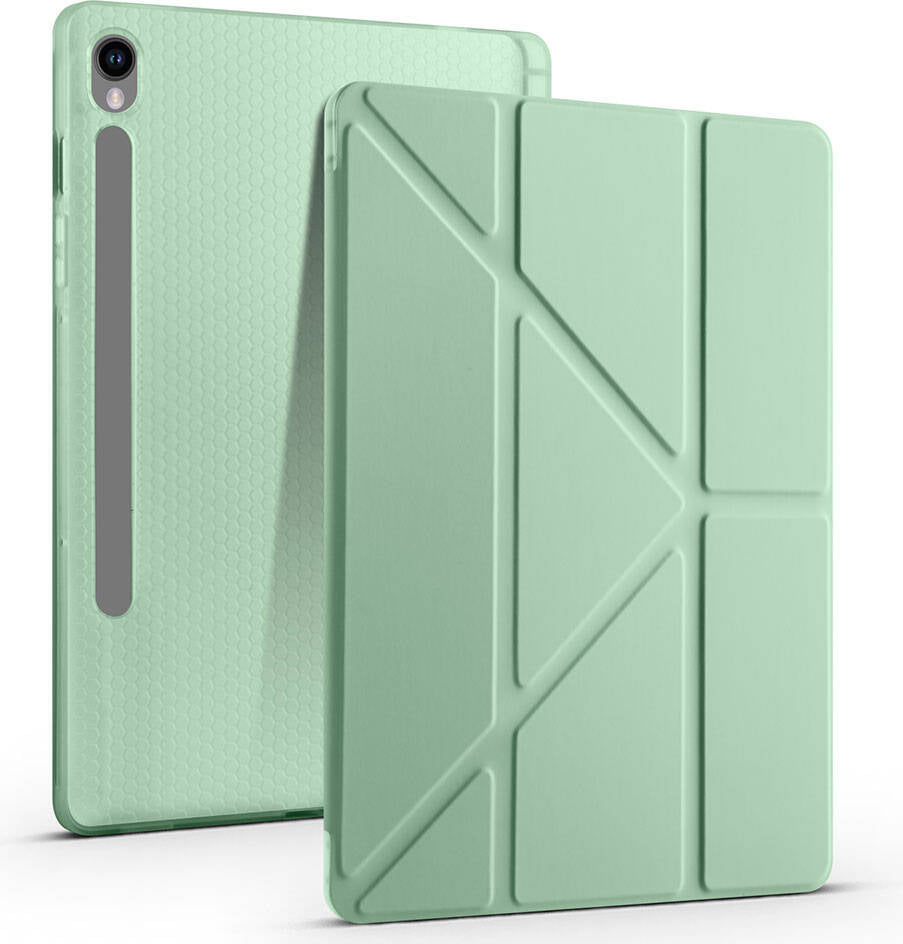 Galaxy Tab S9 Kılıf  Uyumlu Mnc Tri Folding Kalem Bölmeli Standlı Kılıf-Açık Yeşil