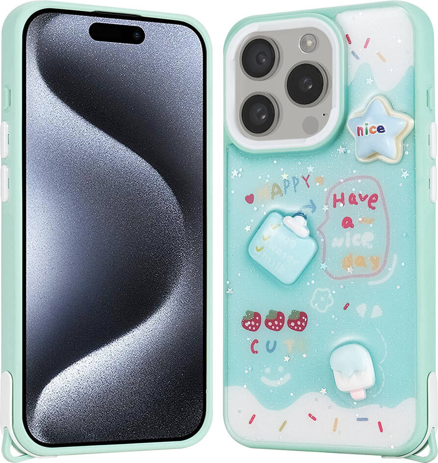 Apple iPhone 15 Pro Kılıf Parlayan Sıvılı Simli Kabartma Figürlü Mnc Cevze Kapak-Yeşil