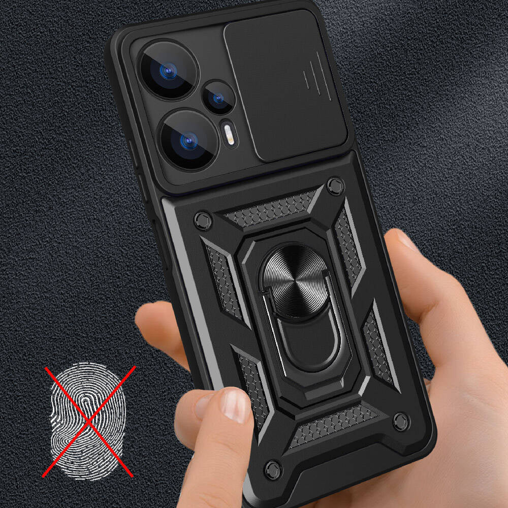 Xiaomi Poco F5 Kılıf Magnetik Standlı Kamera Korumalı Mnc Sürgülü Vega Kapak-Siyah