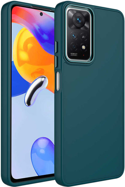 Xiaomi Redmi Note 11 Global Kılıf Metal Çerçeve ve Buton Tasarımlı Silikon Mnc Luna Kapak-Koyu Yeşil