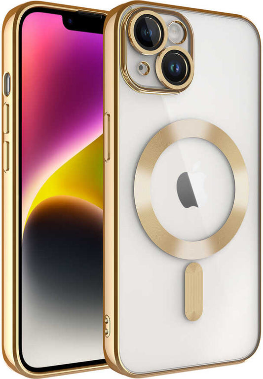 Apple iPhone 14 Plus Kılıf Kamera Korumalı Magsafe Wireless Şarj Özellikli Mnc Demre Kapak-Gold