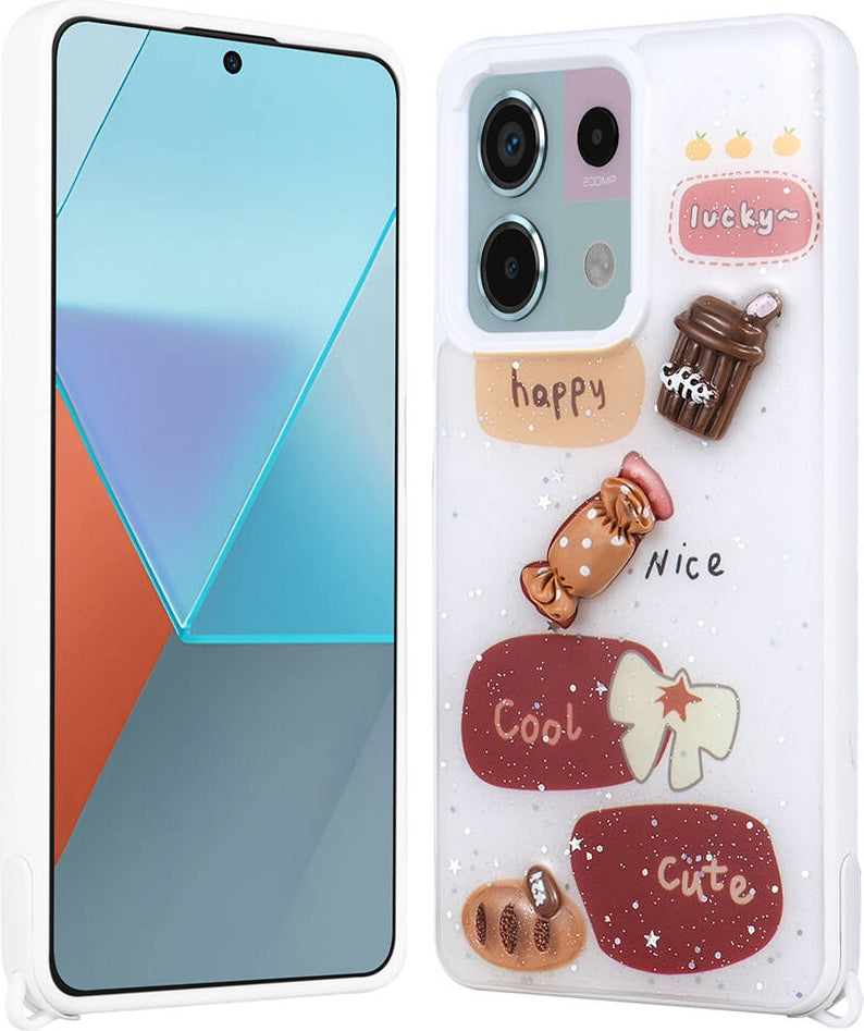 Xiaomi Redmi Note 13 Pro 5g Kılıf Parlayan Sıvılı Simli Kabartma Figürlü Mnc Cevze Kapak-Beyaz