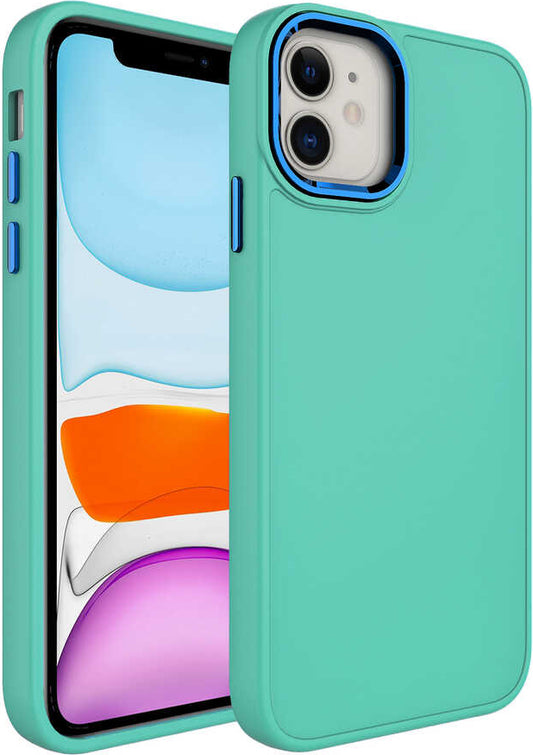 Apple iPhone 11 Kılıf Metal Çerçeve ve Buton Tasarımlı Silikon Mnc Luna Kapak-Mavi Açık