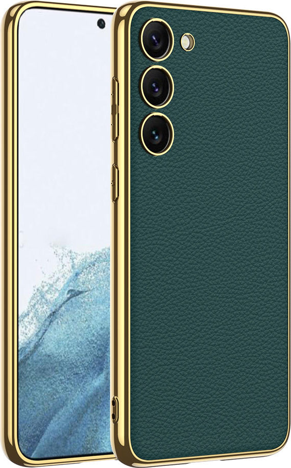 Galaxy S23 Plus Kılıf Deri Görünümlü Kenarları Elektroplating Kaplama Mnc Fizyon Kapak-Koyu Yeşil