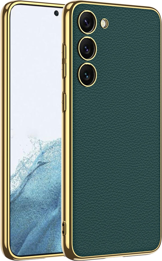 Galaxy S23 Plus Kılıf Deri Görünümlü Kenarları Elektroplating Kaplama Mnc Fizyon Kapak-Koyu Yeşil