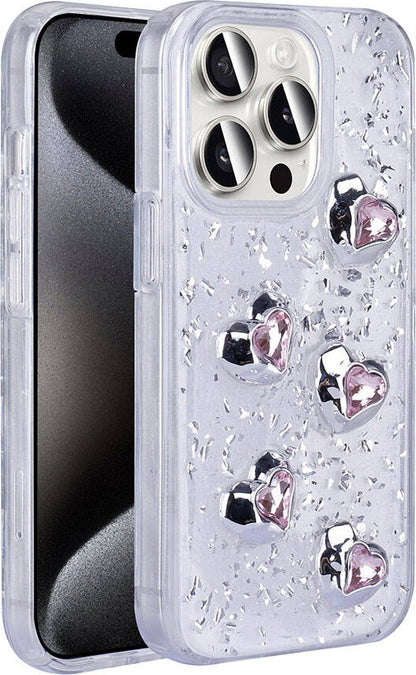 Apple iPhone 15 Pro Max Kılıf Airbagli Simli Arka Yüzey Mnc Işıltı Silikon Kapak-Beyaz-Kalp