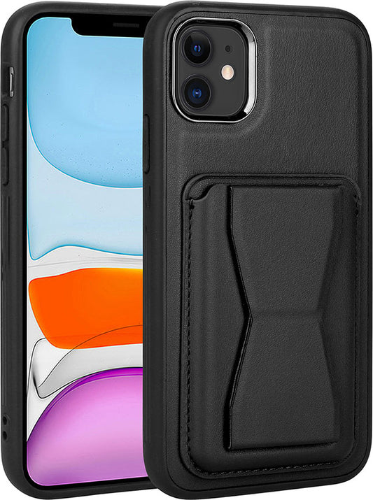 Apple iPhone 11 Kılıf Kartlıklı Standlı pu Deri Mnc Memo Kapak-Siyah