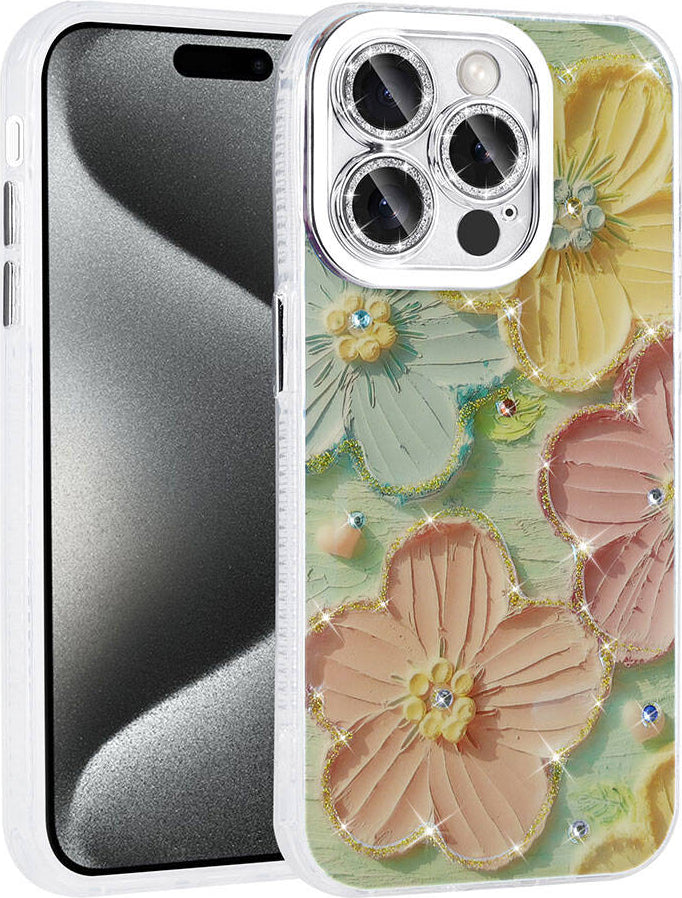 Apple iPhone 15 Pro Max Kılıf Çiçek Desenli Parlak Taşlı Sert Silikon Mnc Garden Kapak-Colorful