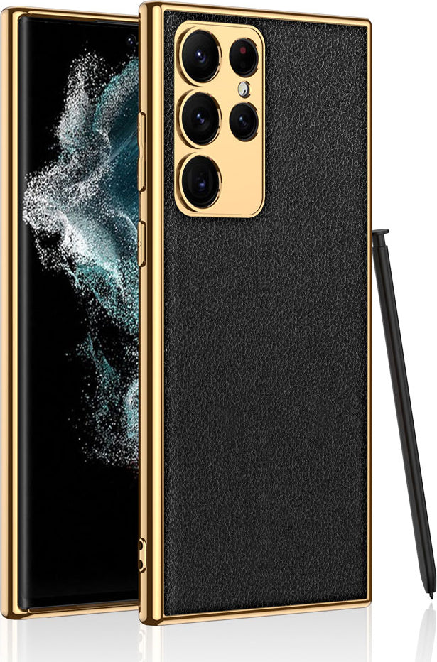 Galaxy S23 Ultra Kılıf Deri Görünümlü Kenarları Elektroplating Kaplama Mnc Fizyon Kapak-Siyah
