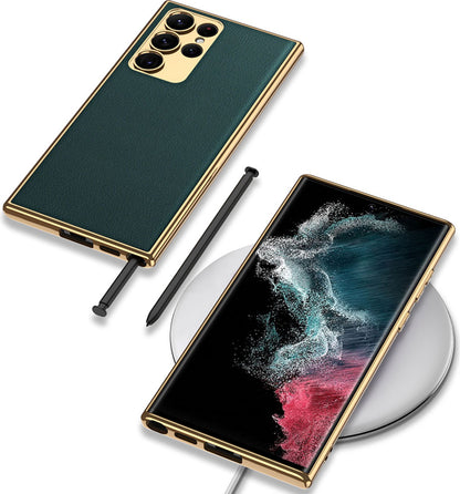 Galaxy S23 Ultra Kılıf Deri Görünümlü Kenarları Elektroplating Kaplama Mnc Fizyon Kapak-Siyah
