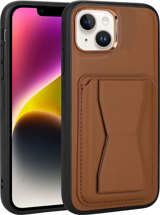 Apple iPhone 14 Kılıf Kartlıklı Standlı pu Deri Mnc Memo Kapak-Kahverengi