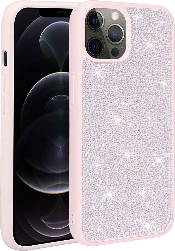Apple iPhone 12 Pro Max Kılıf Parlak Taşlı Tasarım Mnc Ston Kapak-Pembe
