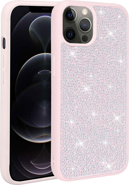 Apple iPhone 12 Pro Max Kılıf Parlak Taşlı Tasarım Mnc Ston Kapak-Pembe