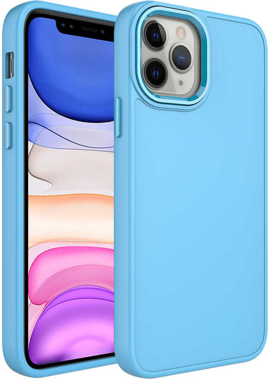 Apple iPhone 12 Pro Max Kılıf Metal Çerçeve ve Buton Tasarımlı Silikon Mnc Luna Kapak-Sierra Mavi