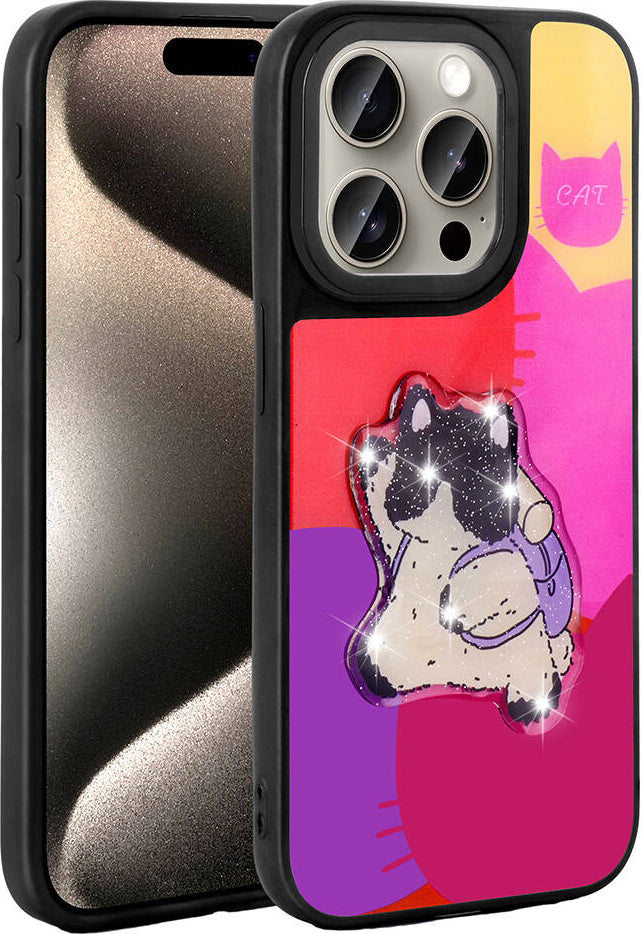 Apple iPhone 15 Pro Max Kılıf Parlayan Kabartmalı Ikonik Figürlü Mnc Amas Silikon Kapak-Mor