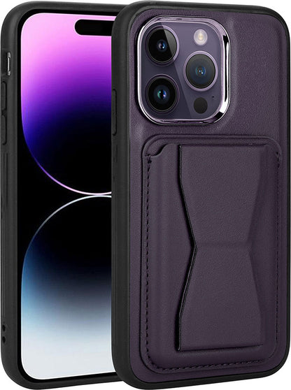 Apple iPhone 14 Pro Kılıf Kartlıklı Standlı pu Deri Mnc Memo Kapak-Koyu Mor