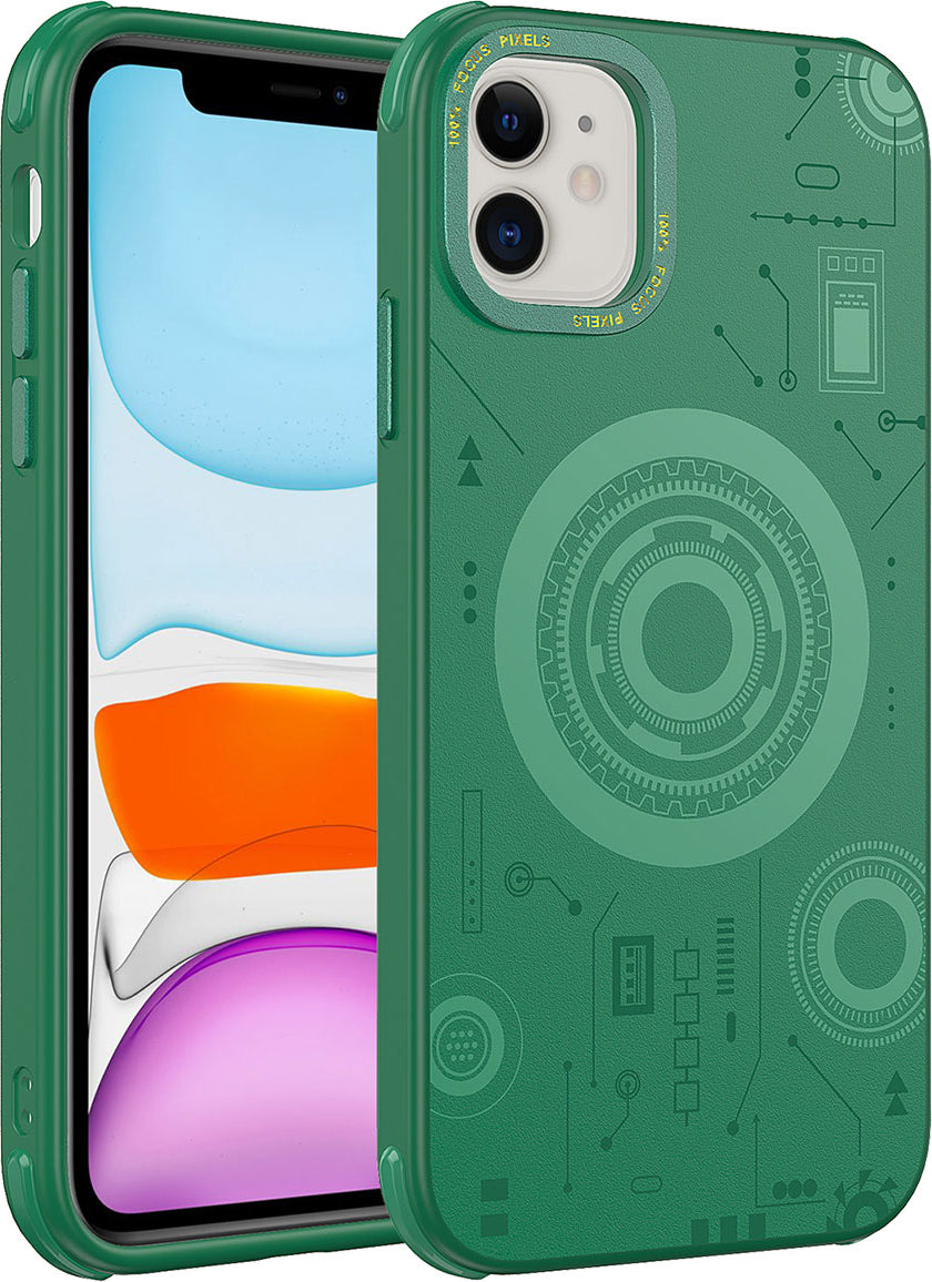 Apple iPhone 11 Kılıf Mnc Wireless Şarj Özellikli Desenli Hot Kapak-Koyu Yeşil