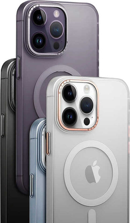 Apple iPhone 14 Pro Max Kılıf Magsafe Şarj Özellikli Buzlu Sert Pc Mnc Tuval Kapak-Derin Mor