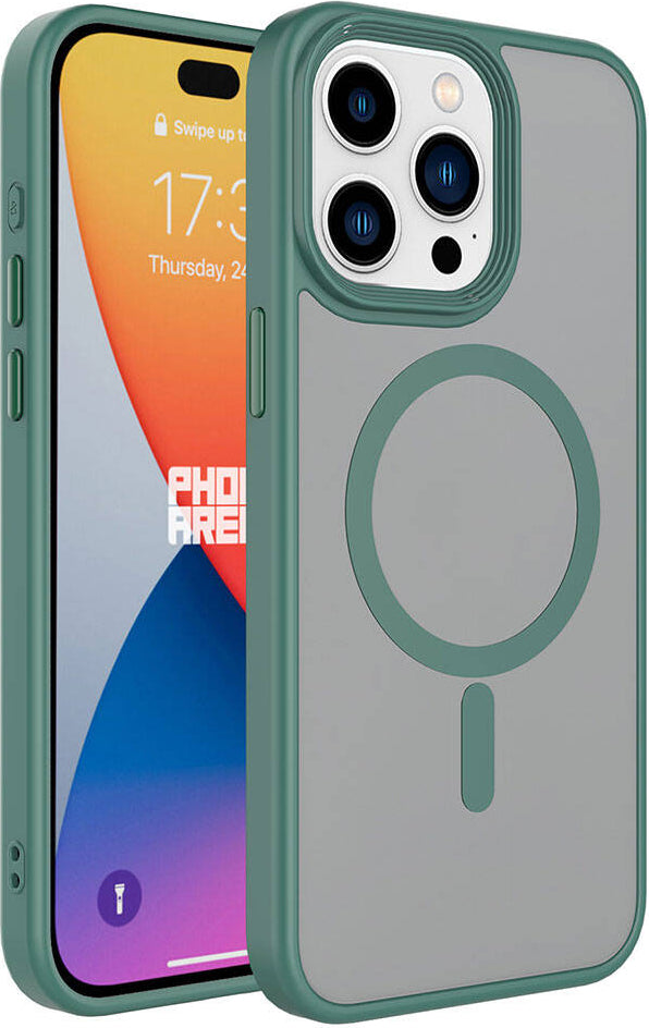 Apple iPhone 15 Pro Kılıf Mat Arka Yüzey Wireless Şarj Özellikli Mnc Flet Magsafe Kapak-Yeşil