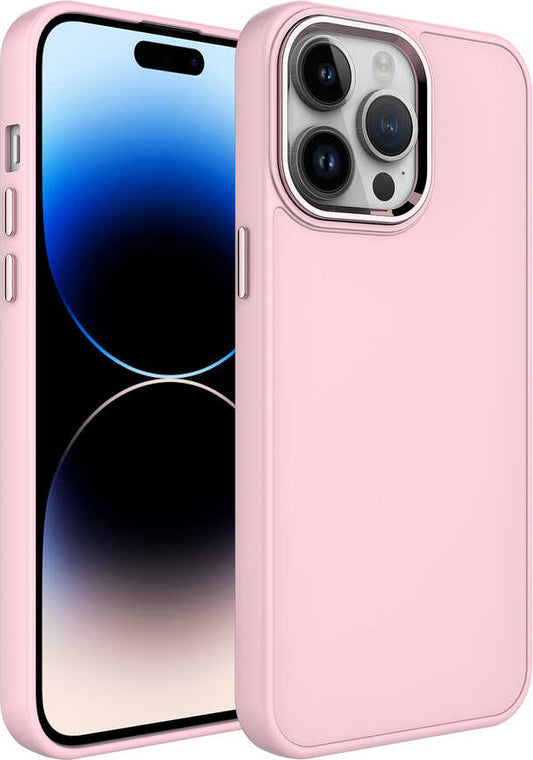 Apple iPhone 13 Pro Kılıf Metal Çerçeve ve Buton Tasarımlı Silikon Mnc Luna Kapak-Pembe