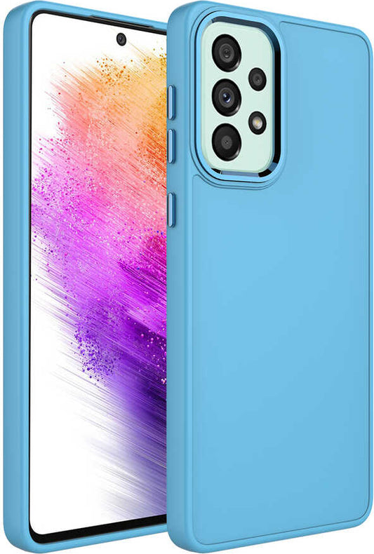 Galaxy A23 Kılıf Metal Çerçeve ve Buton Tasarımlı Silikon Mnc Luna Kapak-Sierra Mavi