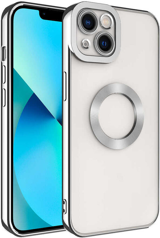 Apple iPhone 14 Plus Kılıf Kamera Korumalı Logo Gösteren Mnc Omega Kapak-Gümüş