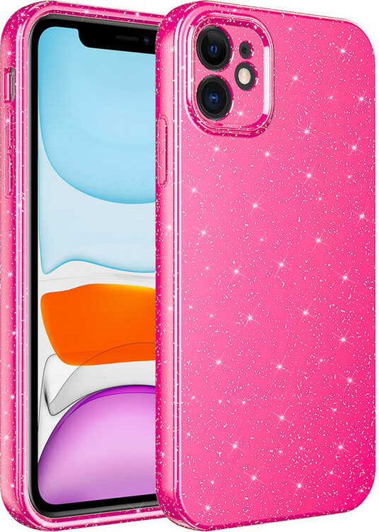 Apple iPhone 12 Kılıf Kamera Korumalı Simli Lüks Mnc Koton Kapak-Pembe Koyu