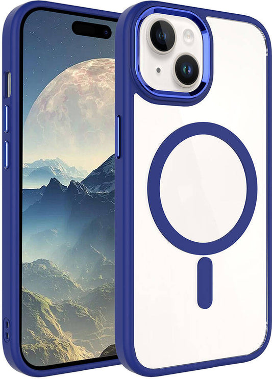 Apple iPhone 15 Kılıf Wireless Şarj Özellikli Mnc Krom Magsafe Silikon Kapak-Lacivert