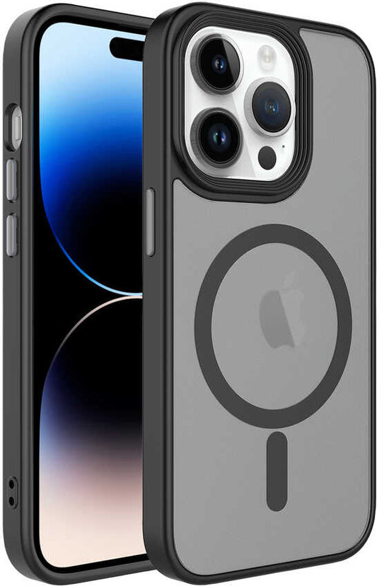 Apple iPhone 14 Pro Max Kılıf Mat Arka Yüzey Wireless Şarj Özellikli Mnc Flet Magsafe Kapak-Siyah
