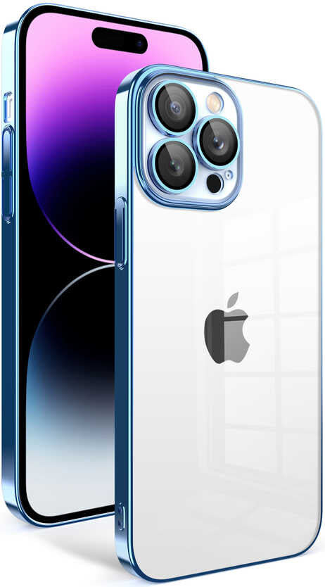 iPhone 14 Pro Max Uyumlu Kamera Korumalı Renkli Çerçeveli Mnc Garaj Kapak-Mavi Açık