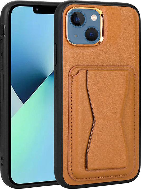 Apple iPhone 13 Kılıf Kartlıklı Standlı pu Deri Mnc Memo Kapak-Kahve Açık