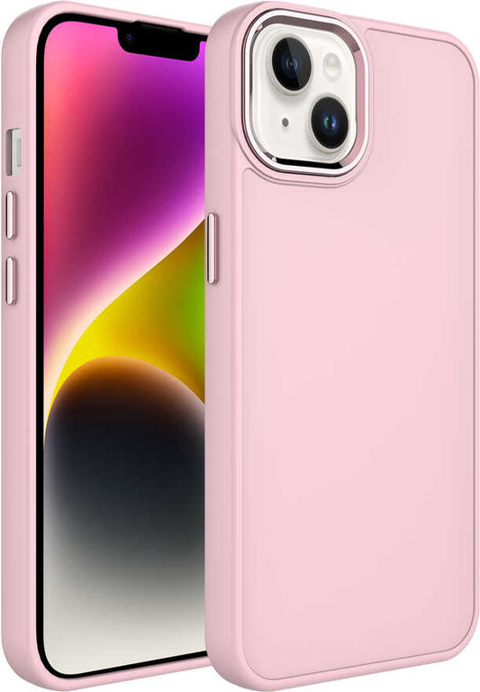 Apple iPhone 14 Kılıf Metal Çerçeve ve Buton Tasarımlı Silikon Mnc Luna Kapak-Pembe